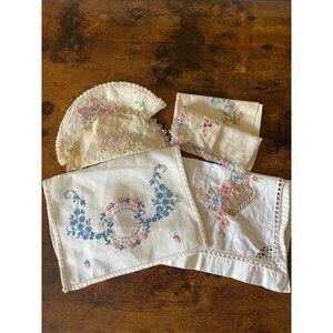 Vintage Hand-Embroidered Linen Doilies & Table Scarf Runners With Floral Designs